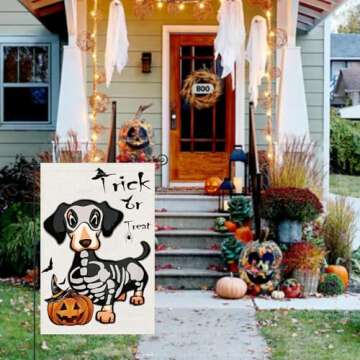 Halloween Trick or Treat Garden Flags 12x18 Double Sided, Ghost Dog Yard Flag for Outside Decor, Holiday Dachshund Skeleton Outdoor Decorations for Home