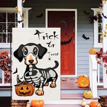 Halloween Trick or Treat Garden Flags 12x18 Double Sided, Ghost Dog Yard Flag for Outside Decor, Holiday Dachshund Skeleton Outdoor Decorations for Home