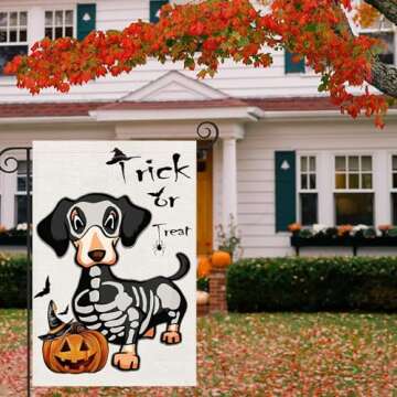 Halloween Trick or Treat Garden Flags 12x18 Double Sided, Ghost Dog Yard Flag for Outside Decor, Holiday Dachshund Skeleton Outdoor Decorations for Home