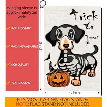 Halloween Trick or Treat Garden Flags 12x18 Double Sided, Ghost Dog Yard Flag for Outside Decor, Holiday Dachshund Skeleton Outdoor Decorations for Home