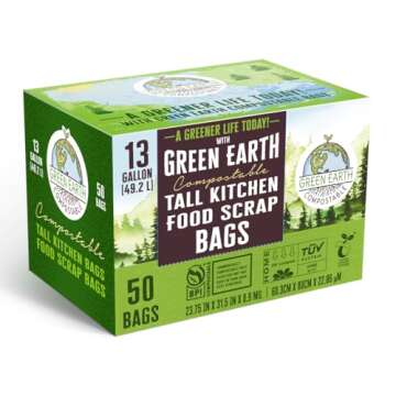 Green Earth Compostable Tall Kitchen Food Scrap Waste Bags, 13 Gallon, 49 Liter, 50-Count, Superior Strength 0.9 Mil Thickness, ASTM D6400, US BPI & Europe OK Compost Home Certified, USA