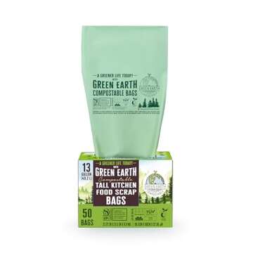 Green Earth Compostable Tall Kitchen Food Scrap Waste Bags, 13 Gallon, 49 Liter, 50-Count, Superior Strength 0.9 Mil Thickness, ASTM D6400, US BPI & Europe OK Compost Home Certified, USA