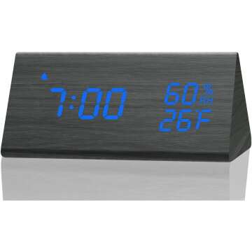 Digital Alarm Clock, with Wooden Electronic LED Time Display, 3 Alarm Settings, Humidity & Temperature Detect, Wood Made Electric Clocks for Bedroom, Bedside, Blue Digit Display