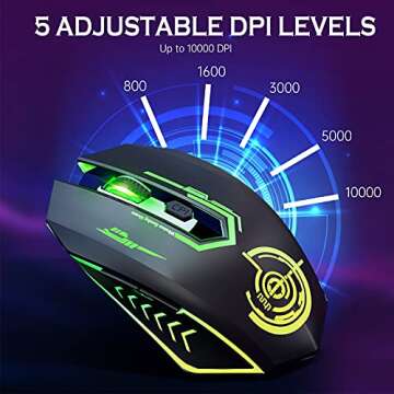 UHURU Wireless Gaming Mouse Up to 10000 DPI, Rechargeable USB Wireless Mouse with 6 Buttons 7 Dynamic LED Color Ergonomic Programmable MMO RPG for PC Laptop, Compatible with Windows Mac