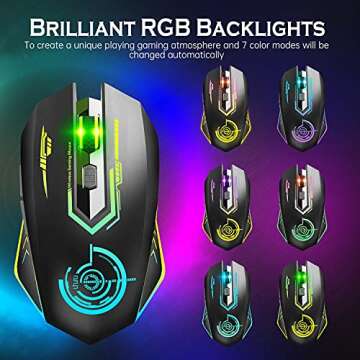 UHURU Wireless Gaming Mouse Up to 10000 DPI, Rechargeable USB Wireless Mouse with 6 Buttons 7 Dynamic LED Color Ergonomic Programmable MMO RPG for PC Laptop, Compatible with Windows Mac