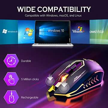 UHURU Wireless Gaming Mouse Up to 10000 DPI, Rechargeable USB Wireless Mouse with 6 Buttons 7 Dynamic LED Color Ergonomic Programmable MMO RPG for PC Laptop, Compatible with Windows Mac