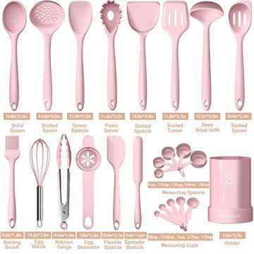 Silicone Cooking Utensils Set- Pink Heat Resistant Kitchen Utensils, Fungun Kitchen Utensil Spatula with Holder, BPA Free Kitchen Gadgets Tools Set for Nonstick Cookware, Dishwasher Safe