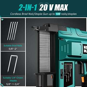 NEU MASTER Nail Gun Battery Powered, 18 Gauge 2 in 1 Cordless Brad Nailer/Staple Gun with 2.0Ah Li-ion Battery, 1000pcs Nails and 500pcs Staples Included, for Home Improvement, Woodworking