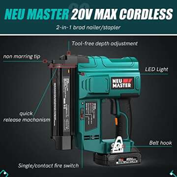 NEU MASTER Nail Gun Battery Powered, 18 Gauge 2 in 1 Cordless Brad Nailer/Staple Gun with 2.0Ah Li-ion Battery, 1000pcs Nails and 500pcs Staples Included, for Home Improvement, Woodworking