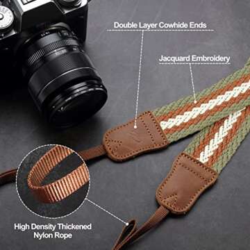 Padwa Lifestyle Stripes Camera Strap - 1.5" Soft Cotton Rope Weave Crazy Horse Cowhide Head Shoulder Neck Straps for Photographers and All Cameras,Cute Adjustable Vintage Woven Strap for Adults & Kids