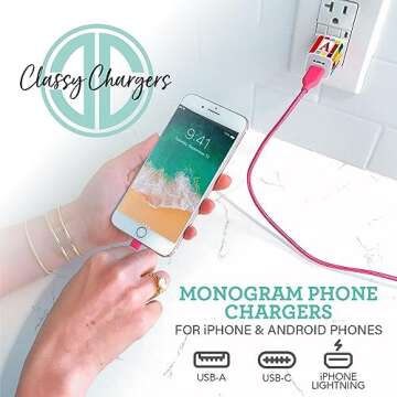 Classy Chargers Monogram Phone Charger Customized Gift for iPhone & Android | Add Optional 6 FT MFI Lightning Cable for iPhone or USB Type C Cable