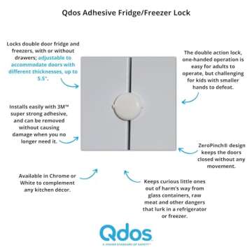 Qdos Safety Adhesive Fridge/Freezer Lock | White | Easy One Handed Operation - Patented ZeroPinch Design - Unique Modern Design Refrigerator Lock - Baby Proofing Doesn't Have to be Ugly