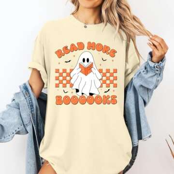 Ghost Reading Books Shirt Womens Cute Halloween Ghost Shirt Halloween Teacher Tshirt Spooky Bookish Shirt Fall Tops(Apricot, Medium)