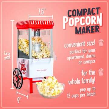 Nostalgia Vintage Hot-Air Popcorn Maker Machine - Makes Up to 12 Cups - Oil-Free - Healthier Popcorn - Classic Stand-Up Cart With Wheels - Includes Kernel Measuring Cup - White & Red