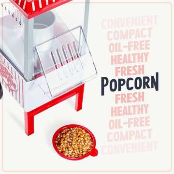 Nostalgia Vintage Hot-Air Popcorn Maker Machine - Makes Up to 12 Cups - Oil-Free - Healthier Popcorn - Classic Stand-Up Cart With Wheels - Includes Kernel Measuring Cup - White & Red