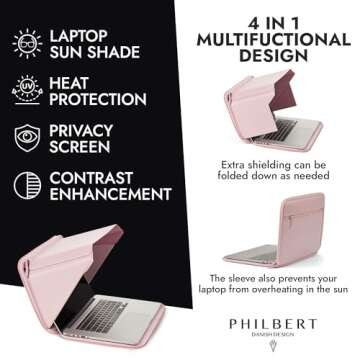 Philbert Danish Design 15"-16” MacBook Laptop Sun Shade Sleeve with Built in Hood | 4-in-1: Screen Shade, Privacy, Heat Protection, Contrast Enhancement | Made in Hemp and Vegan Leather - Pink