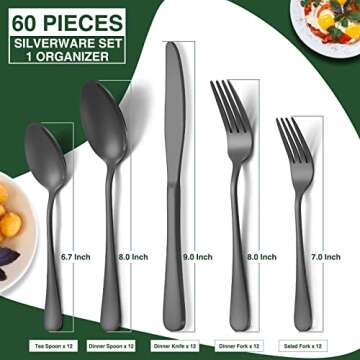 60-Piece Black Silverware Set with Organizer, AIVIKI Stainless Steel Flatware for 12, Cutlery Utensil Set for Home Restaurant, Tableware Includes Knife Fork Spoon Set, Mirror Polished