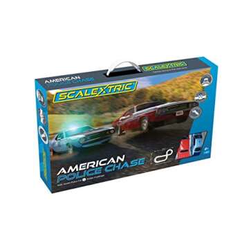 Scalextric American Police Chase AMC Javelin vs Dodge Challenger Police Car 1:32 Slot Car Race Track Set C1405T, Red & Blue