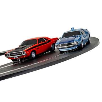 Scalextric American Police Chase AMC Javelin vs Dodge Challenger Police Car 1:32 Slot Car Race Track Set C1405T, Red & Blue