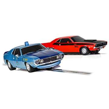 Scalextric American Police Chase AMC Javelin vs Dodge Challenger Police Car 1:32 Slot Car Race Track Set C1405T, Red & Blue