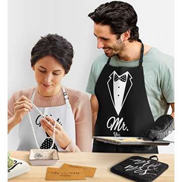 Mr and Mrs Aprons for Couples Gifts - Anniversary, Bridal Shower, Wedding, Engagement gifts for Couples, Christmas Gifts for Couple, His and Her Gifts, 8 Pack Kitchen Cooking Apron Gift Set