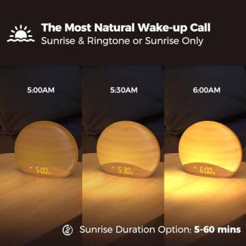 REACHER Natural Wood Grain Sound Machine Sunrise Alarm Clock，26 Nature Inspired Sleeping Sounds, 0-100% Dimmable Clock, Night Light,Brown/Pink/White Noise Sound Machine for Babys, Kids, Adults