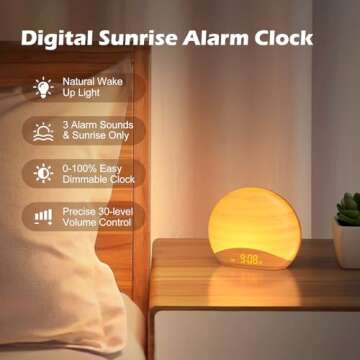 REACHER Natural Wood Grain Sound Machine Sunrise Alarm Clock，26 Nature Inspired Sleeping Sounds, 0-100% Dimmable Clock, Night Light,Brown/Pink/White Noise Sound Machine for Babys, Kids, Adults