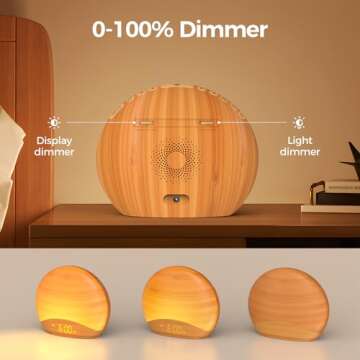 REACHER Natural Wood Grain Sound Machine Sunrise Alarm Clock，26 Nature Inspired Sleeping Sounds, 0-100% Dimmable Clock, Night Light,Brown/Pink/White Noise Sound Machine for Babys, Kids, Adults