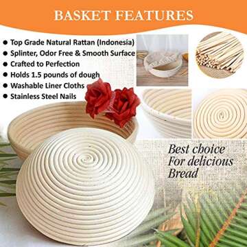 Sourdough Bread Starter Kit - 9 Inch round and 10 Inch Oval sourdough proofing baskets with Silicone Bread Sling, Long 13 Inch Dough Whisk, Dough Scrapers, Bread lame, and a Cleaning Brush