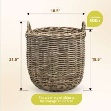 KOUBOO Rattan Kobo Round Storage Basket, Handwoven Rattan Basket with Handles, Organization & Home Decor for Storage, Gray-Brown