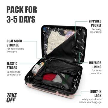 Take OFF Luggage - Personal Item Rolling Suitcase 2.0, TSA Approved, Small Carry On, Under the Seat, Hard Case with Removable Wheels, Light Weight Bag, Airplane Travel Essential Accessories, 18x14x8