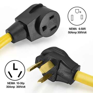 HZXVOGEN Extension Cord Adapter 10-30P to 6-50R 30 Amp Dryer Male Plug to 50 Amp 1.5FT 10AWG Welder Female Heavy Duty Adapter Cable Arc Tig Mig Welding Machine EV Charger Generator Connector