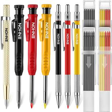 Mechanical Carpenter Pencils Set with Marker Refills and Carbide Scriber Tool, Solid Deep Hole Woodworking Pencils Marker Marking Tools with Built in Sharpener for Architect Construction
