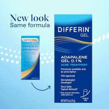 Differin Acne Treatment Gel, 30 Day Supply, Retinoid Treatment for Face with 0.1% Adapalene, Gentle Skin Care for Acne Prone Sensitive Skin, 15g Tube (Packaging May Vary)