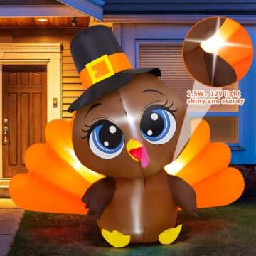 COMIN 5.4 FT Thanksgiving Inflatables Outdoor Big Eye Turkey Decorations, Blow Up Inflatable with Built-in LEDs for Thanksgiving Indoor Yard Lawn Garden Decor