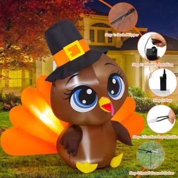 COMIN 5.4 FT Thanksgiving Inflatables Outdoor Big Eye Turkey Decorations, Blow Up Inflatable with Built-in LEDs for Thanksgiving Indoor Yard Lawn Garden Decor