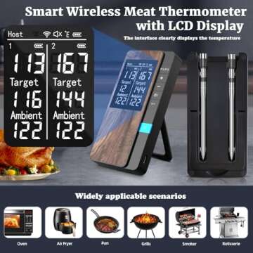 VACUUM SEALERS UNLIMITED Wireless Meat Thermometer-Multi Sensors Digital Food Thermometer with Ultra-Thin Probes, App&Host Control- Accuracy Bluetooth Meat Thermometer for BBQ, Oven, Grill, Smoker