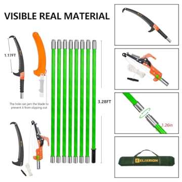 ELIXRION 7-27 Feet Pole Saws for Tree Trimming, tree trimming manual branch trimmer set, extendable hand saw, long-handled trimmer with storage bag attachment.Green.