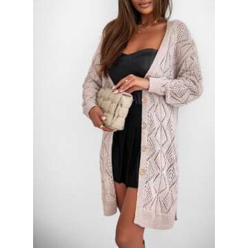 SHEWIN Womens Fall Fashion 2025 Long Cardigan Sweaters Casual Long Sleeve Sweater Open Front Crochet Cardigans Fall Outfits for Women 2025, M, Light Pink