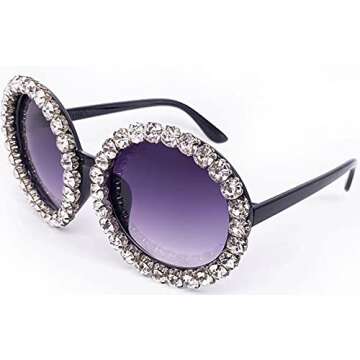 HOUSE PARTY 2K20 Stunning 4-Carat Rhinestone Studded Super Sparkly Sunglasses Elton John Style Round Oversize Deep Violet UV400 Polarized Lenses Onyx Black Frames