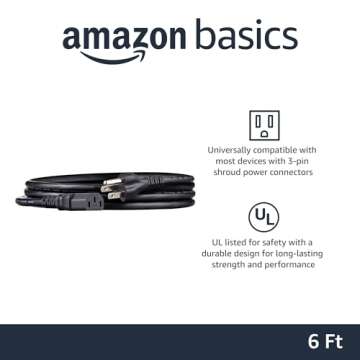 Amazon Basics 6ft AC Power Cord for Monitors & TVs - 3 Prong, 125V, Durable