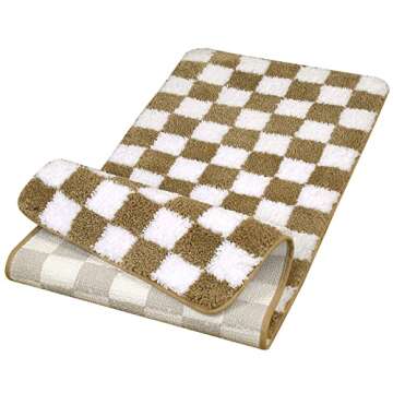 Chaelilife Checkered Bathroom Runner Rugs, Khaki Non Slip Bath Mats for Bathroom, Long Water Absorbent Bath Rug Soft Washable Geometric Shag Rug for Indoor Shower Tub Doormat, 18"x47"