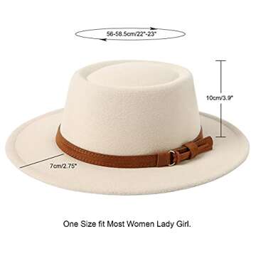 Lanzom Women Vintage Wide Brim Warm Wool Fedora Hat Belt Panama Hat Felt Jazz Hat (B-Beige, Medium)