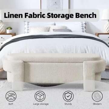 Wunlerlant 51.5" Oval Storage Bench End of Bed Storage Ottoman Benches Linen Fabric Upholstered Oversized Ottoman Bench with Large Storage Space for Living Room Entryway Bedroom Hallway Window Seating