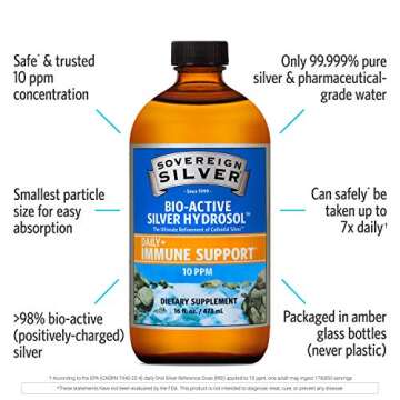 Sovereign Silver Bio-Active Silver Hydrosol for Immune Support - Colloidal Silver Liquid -10 ppm, 16oz (473mL) - Value Size