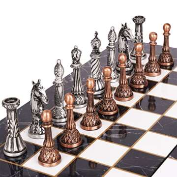 Retro Metal Chess Set for Adults and Kids – Marbling Chess Board with Chess Pieces – Travel Chess Set with Metal Pieces – Folding Chessboard – Ideal for Beginners and Professional Players