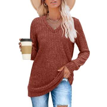 SAMPEEL Fall Outfits for Women 2024 V Neck Long Sleeve Shirts Casual Tops Halloween Sweaters Trendy Caramel S