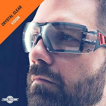 ToolFreak Rip Out Safety Glasses - Clear - Polycarbonate Lens z87.1 Rated Protection - Foam Padding & Adjustable Strap - Impact Resistanance & Distortion-Free Lenses (Microfibre Case)