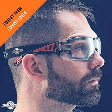 ToolFreak Rip Out Safety Glasses - Clear - Polycarbonate Lens z87.1 Rated Protection - Foam Padding & Adjustable Strap - Impact Resistanance & Distortion-Free Lenses (Microfibre Case)