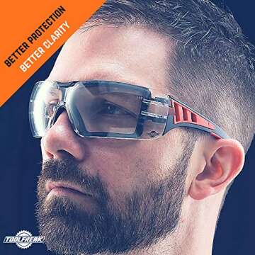 ToolFreak Rip Out Safety Glasses - Clear - Polycarbonate Lens z87.1 Rated Protection - Foam Padding & Adjustable Strap - Impact Resistanance & Distortion-Free Lenses (Microfibre Case)